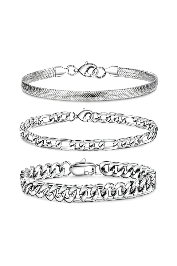, Three Piece Silver Plated Versatile Bracelet Set -3 Chain Lengths of 9 in, Simple and Fashionable,  Couples, and Friends as Gifts