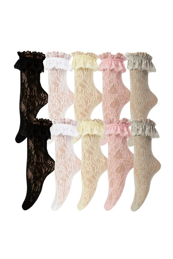 Cherisia 5 Pairs Women Ruffle Ankle Socks Trim Lace Frilled Dress Socks Set, Princess Fashion Cute Anklet