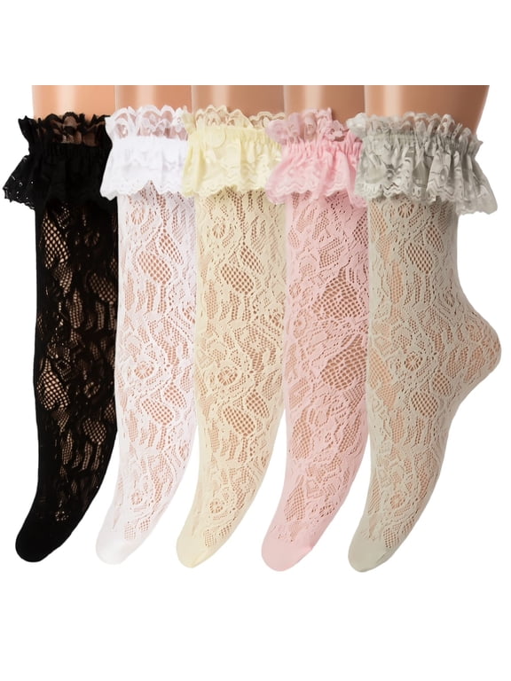 Cherisia 5 Pairs Women Ruffle Ankle Socks Trim Lace Frilled Dress Socks Set, Princess Fashion Cute Anklet