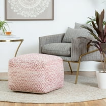 Chero Distressed Diamond 22" Square Pouf Ottoman Ivory and Pink