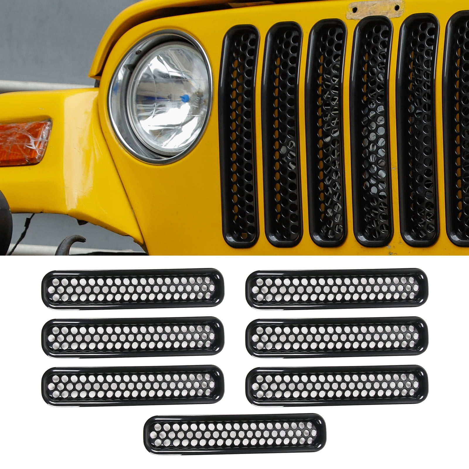 CheroCar Front Mesh Grilles Inserts Honeycomb Cover Trim for Jeep Wrangler TJ & Jeep Unlimited 1997-2006,Black