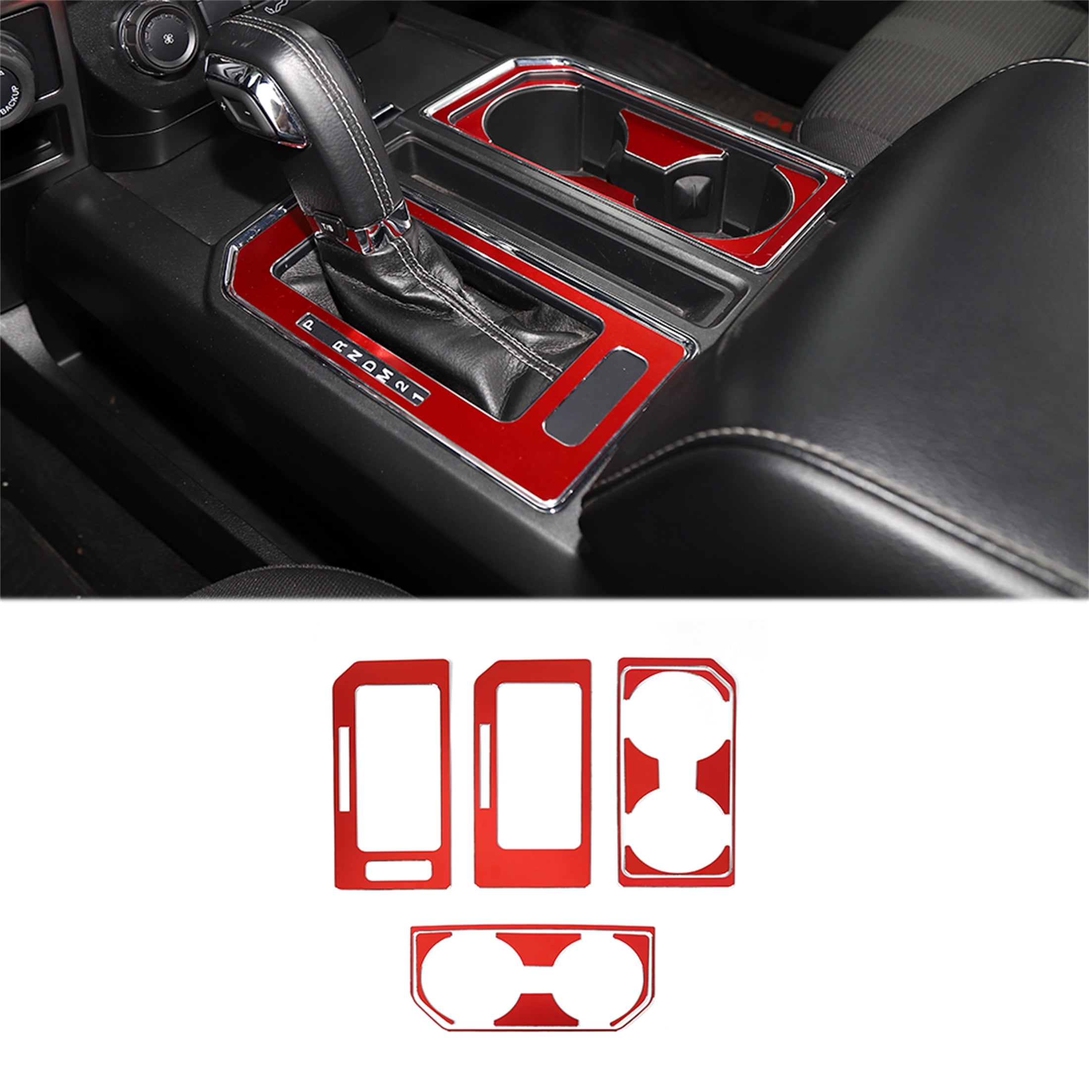 CheroCar Gear Shift Cup Holder Trim Sheet Kit Cover Interior Accessories for Ford F150 2015-2020,Red