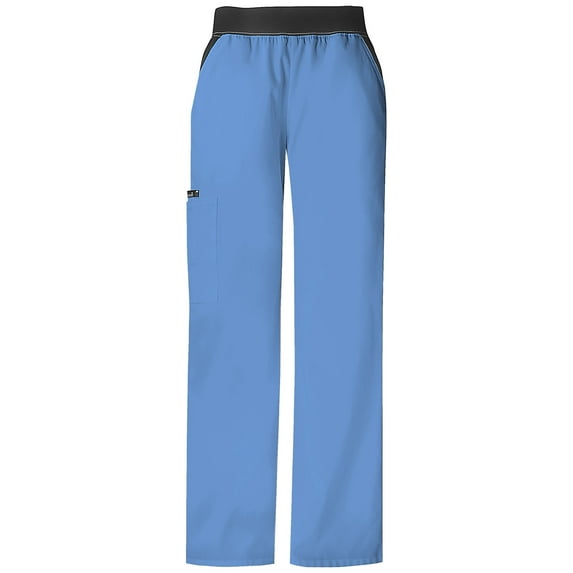 Cherokee Flexibles Women Medical Scrubs Pant Mid Rise Knit Waist Pull-On 1031P, L Petite, Ciel