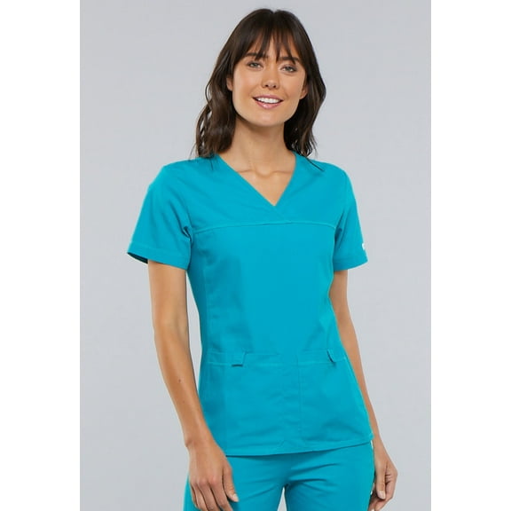 Cherokee Flexibles Women Medical Scrubs Top V-Neck Knit Panel 2968, M, Teal Blue