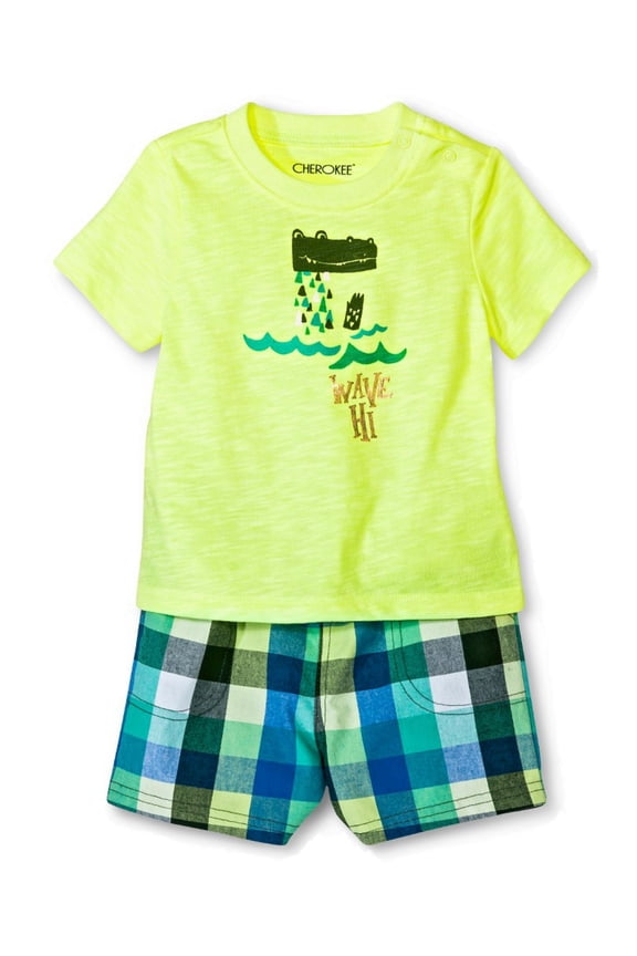 Infant Boys 2-Piece Yellow Alligator T-Shirt & Plaid Short Set 0-3m