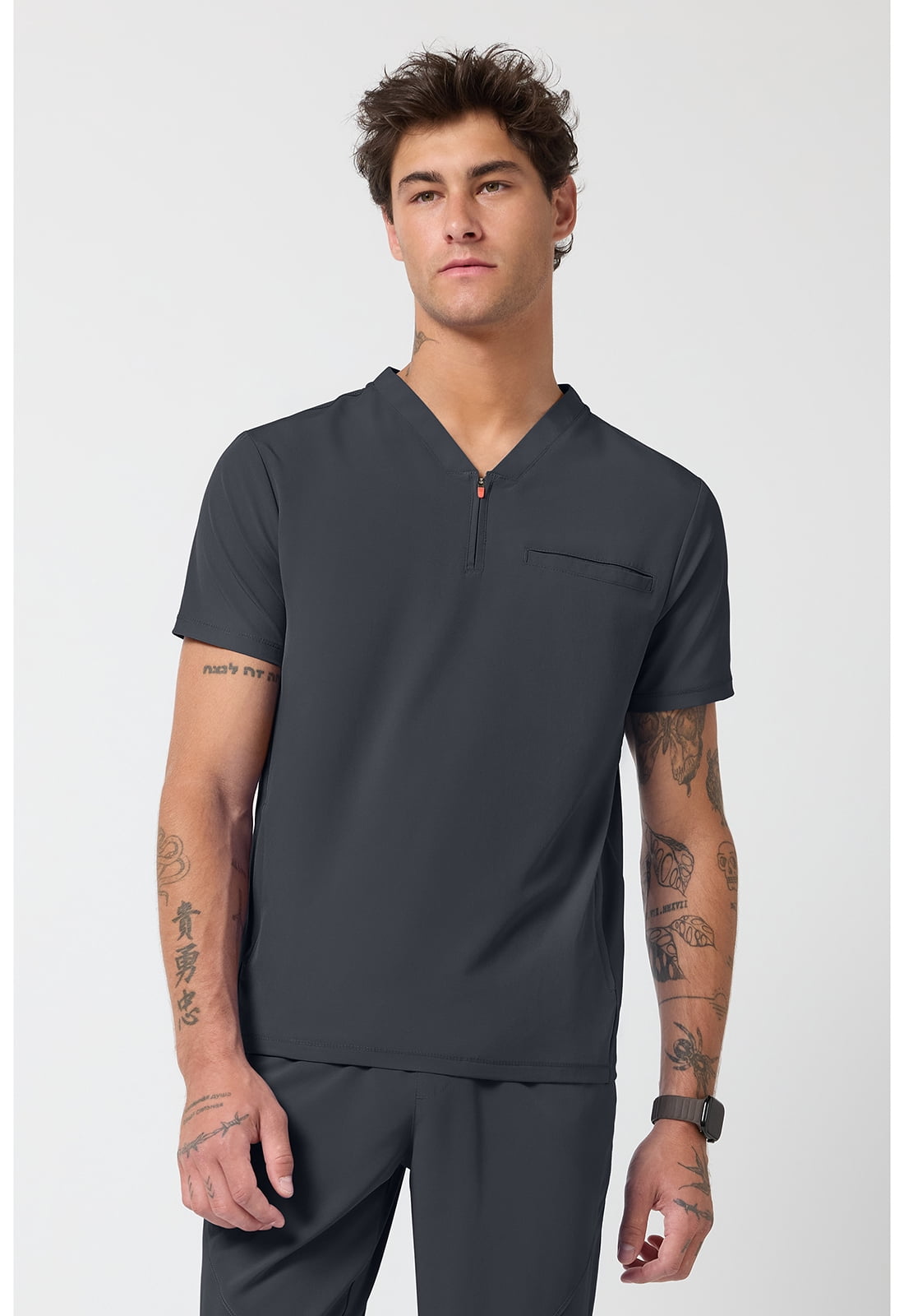 Cherokee Infinity Men's Partial Zip V-Neck Scrub Top with 3 Cherokee Infinity Men's Partial Zip V-Neck Scrub Top with 3