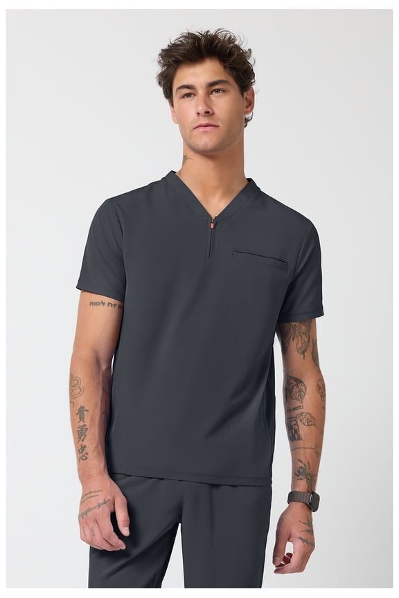 Cherokee Infinity Men's Partial Zip V-Neck Scrub Top with 3 Pockets Rib-Knit Side Panels IN702A, S, Pewter
