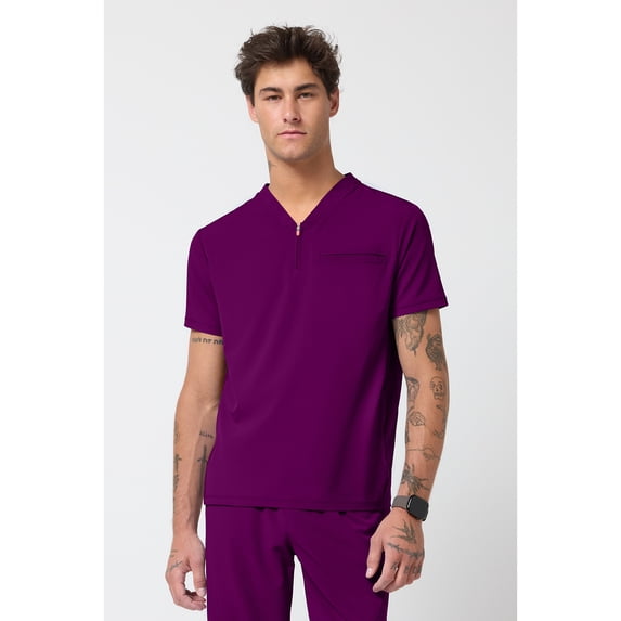 Cherokee Infinity Men's Partial Zip V-Neck Scrub Top with 3 Pockets Rib-Knit Side Panels IN702A, XL, Wine