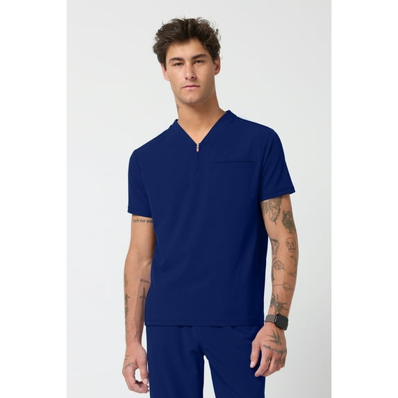 Cherokee Infinity Men's Partial Zip V-Neck Scrub Top with 3 Pockets Rib-Knit Side Panels IN702A, XS, Navy
