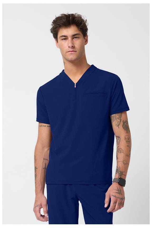 Cherokee Infinity Men's Partial Zip V-Neck Scrub Top with 3 Pockets Rib-Knit Side Panels IN702A, XS, Navy