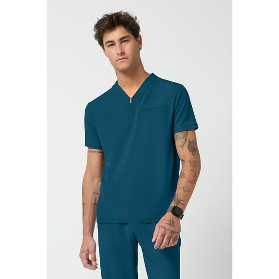 Cherokee Infinity Men's Partial Zip V-Neck Scrub Top with 3 Pockets Rib-Knit Side Panels Plus Size IN702A, 2XL, Caribbean Blue