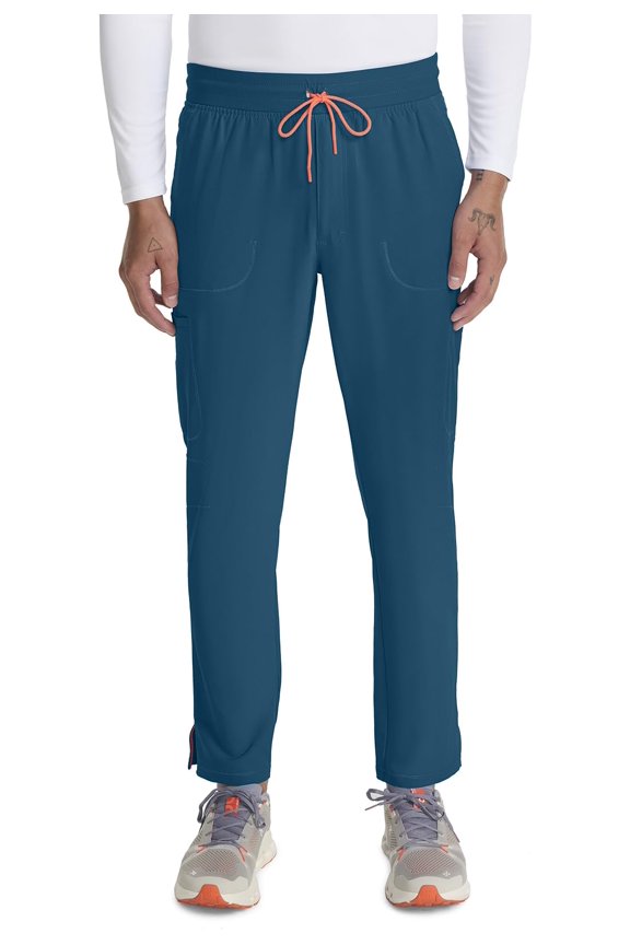 Cherokee Infinity Mens Drawstring Straight Leg Scrub Pants Mid Rise Zip Fly, 6 Pockets, Rib-Knit Waistband - IN200A, S, Caribbean Blue