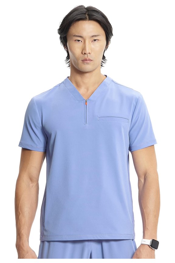 Infinity Mens Partial Zip V-Neck Scrub Top, Rib-Knit Panels, 2 Zip Pockets, 1 Welt Pocket PROTX2 Fabric - IN702A, S, Ciel Blue
