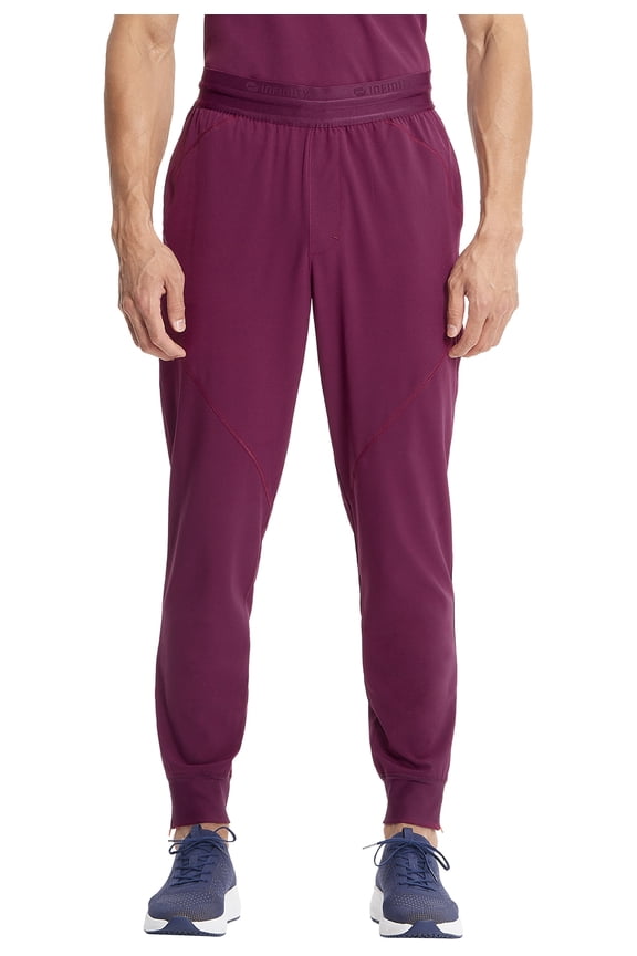 Cherokee Infinity Mens Scrub Jogger Pants, Pull-on with 4 Pockets Interior Drawstring Plus Size IN204A, 2XL, Wine