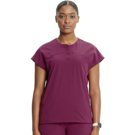 Cherokee Infinity Scrub Top for Women Contemporary Fit Round Neck 3 Pocket with Covered Placket with Partial Zip IN622A, M, Wine
