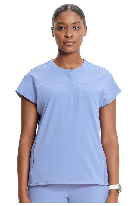 Cherokee Infinity Scrub Top for Women Contemporary Fit Round Neck 3 Pocket with Covered Placket with Partial Zip IN622A, XL, Ciel