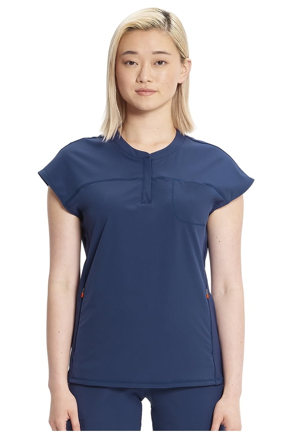 Cherokee Infinity Scrub Top for Women Contemporary Fit Round Neck 3 Pocket with Covered Placket with Partial Zip IN622A, XS, Navy