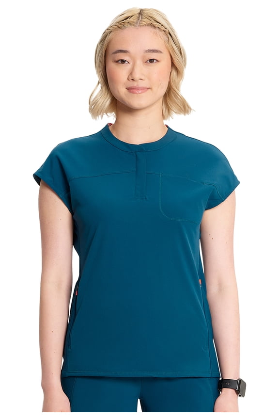 Cherokee Infinity Scrub Top for Women Contemporary Fit Round Neck 3 Pocket with Covered Placket with Partial Zip IN622A, XXS, Caribbean Blue