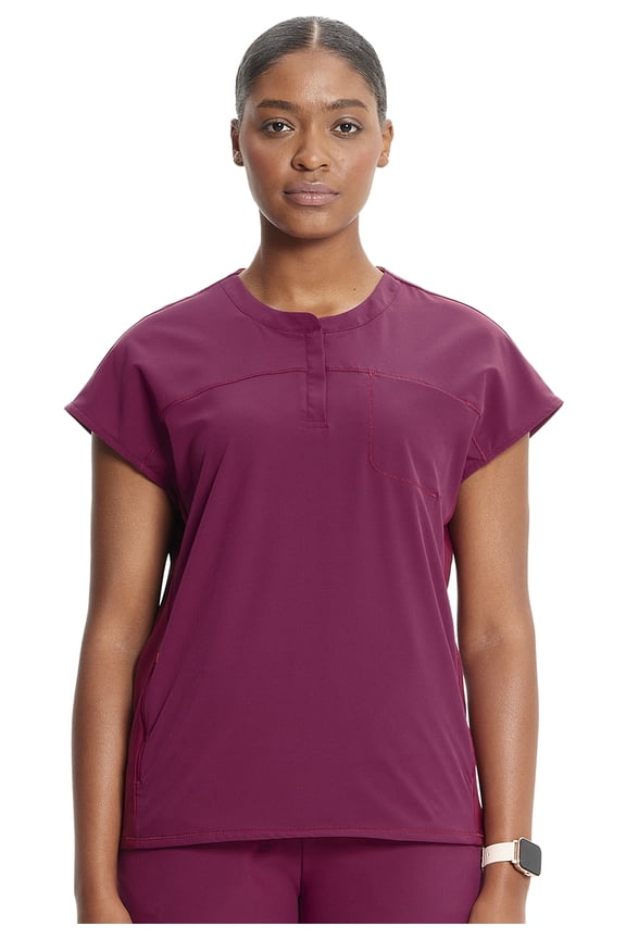 Cherokee Infinity Scrub Top for Women Contemporary Fit Round Neck 3 Pocket with Covered Placket with Partial Zip IN622A, XXS, Wine