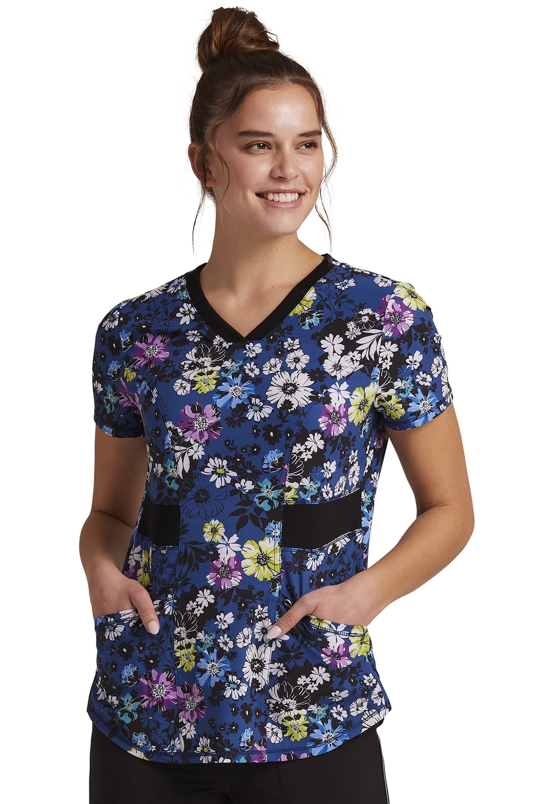 Cherokee Infinity Scrubs Top For Women Round Neck 2624A, S, Orchid Flower 