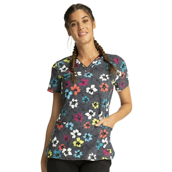 Cherokee Infinity Scrubs Top For Women V-Neck Print Plus Size CK634, 3XL, Glow Floral It