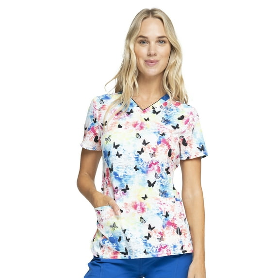 Cherokee Infinity Scrubs Top For Women V-Neck Print Plus Size CK634, 5XL, Rainbow Flight