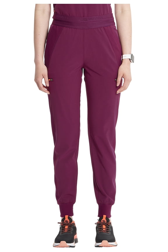 Cherokee Infinity Women's Scrub Pull-on Scrub Jogger Pants, Mid Rise Bottoms with 4 Pocket with Interior Drawstring Plus Size IN122A, 3XL, Wine
