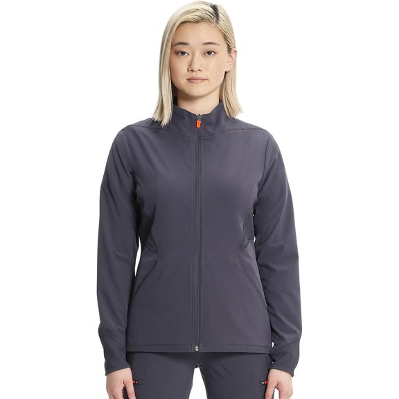 Cherokee Infinity Womens Zip Front Scrub Jacket, Contemporary Fit, Stand-Up Collar, 2 Pockets, Back Yoke Seams - IN320A, XL, Pewter