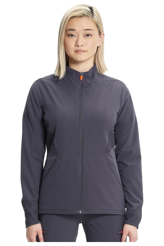 Infinity Womens Zip Front Scrub Jacket, Contemporary Fit, Stand-Up Collar, 2 Pockets, Back Yoke Seams - IN320A, L, Pewter