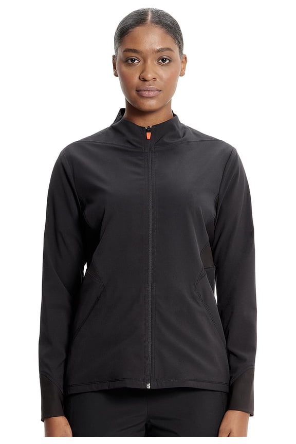 Infinity Womens Zip Front Scrub Jacket, Contemporary Fit, Stand-Up Collar, 2 Pockets, Back Yoke Seams - IN320A, L, Black