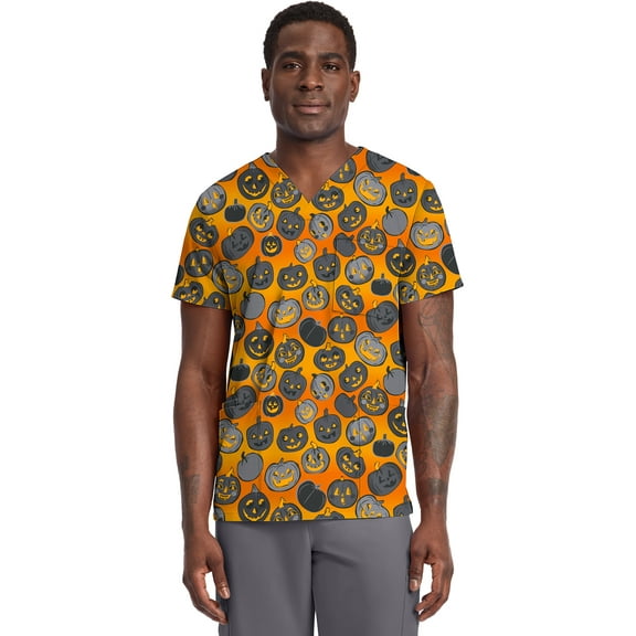 Cherokee Men and Women V-Neck Printed Top with 4 Pockets & Center Back Length 28" - CK691, XS, Happy Pumpkins