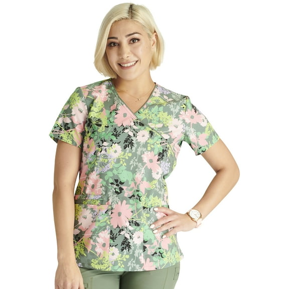 Cherokee Prints Scrubs Top For Women Mock Wrap Print CK688