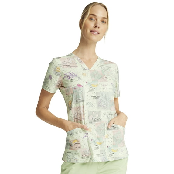 Cherokee Prints Scrubs Top For Women V-Neck Print CK651, M, Herbal Wellness