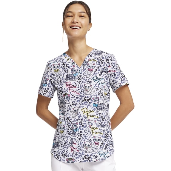 Cherokee Prints Scrubs Top For Women V-Neck Print CK662, L, Feline Fierce
