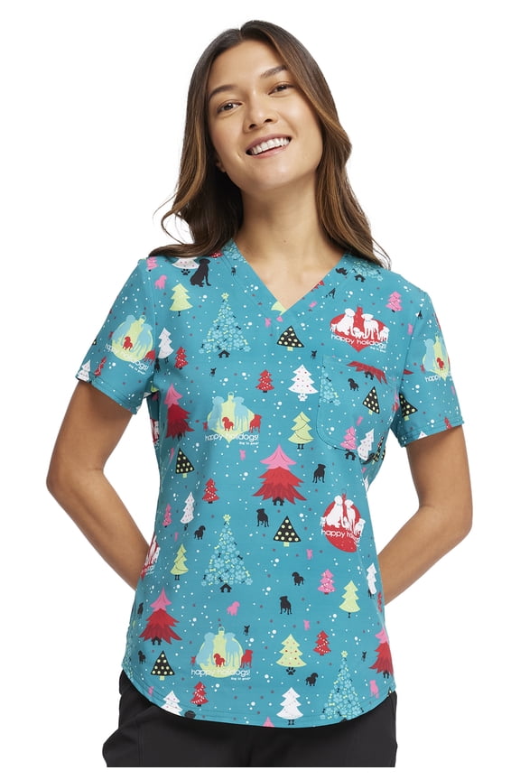Prints Scrubs Top For Women V-Neck Tuckable Print CK664, S, Happy Holidogs