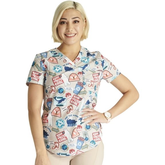 Cherokee Prints Scrubs Top For Women V-Neck Tuckable Print CK664