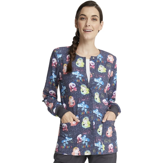 Cherokee Prints Warm Up Scrubs Jacket For Women Snap Front Print CK321, S, Science Friends