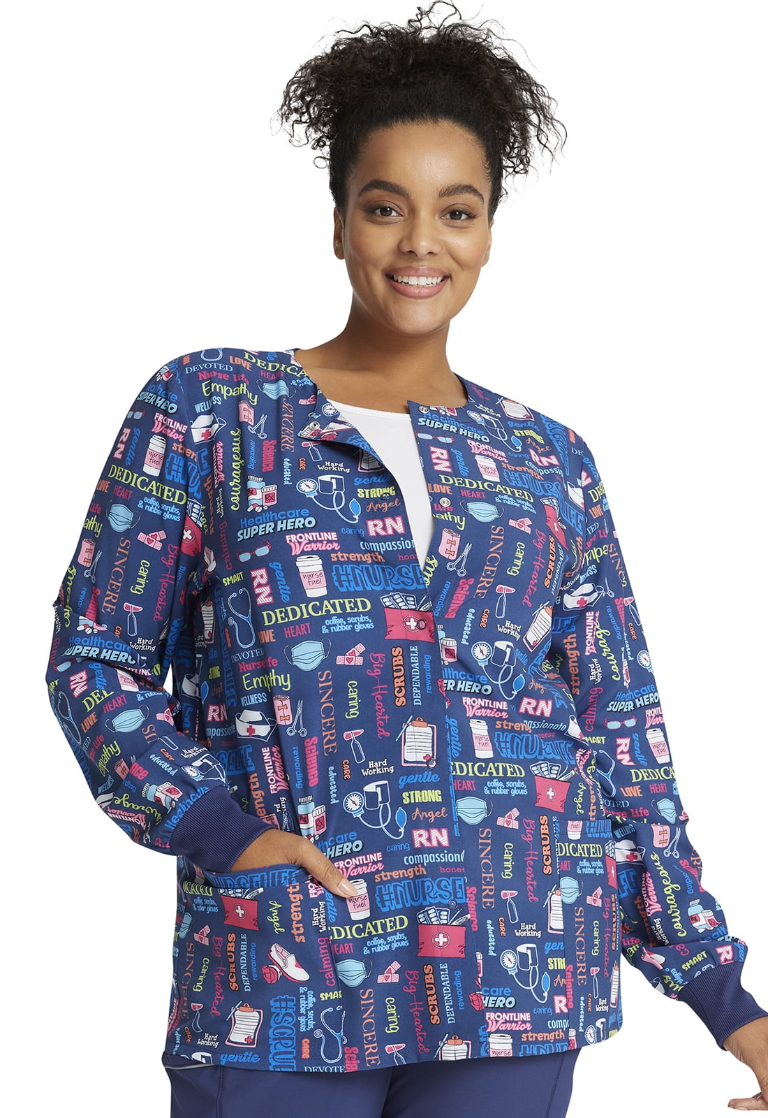 Cherokee Prints Warm Up Scrubs Jacket For Women Snap Front Print CK321