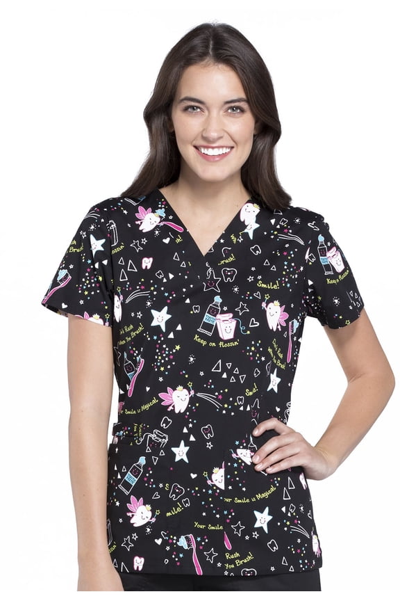 Prints Women Scrubs Top, V-Neck, CK616, M, Tooth Fairy Magic