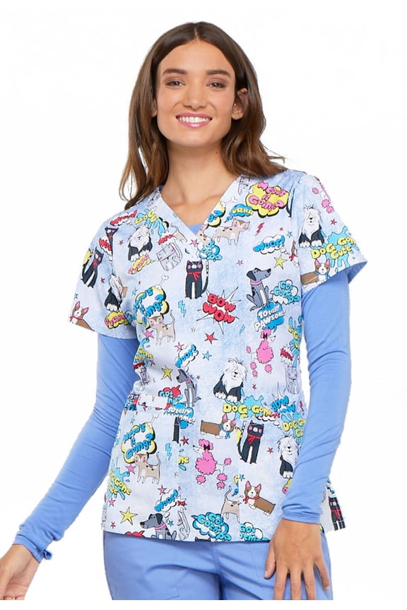 Prints Women Scrubs Top, V-Neck, CK616, XS, Totally Pawsome