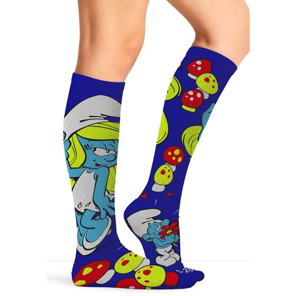 Tooniforms Women's 10-15mmHg Compression Socks – Knee High, Soft Knit, Fun Prints, Supports Circulation - TPRINTSUPPORT, Plus, Smurfette