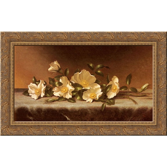 Cherokee Roses On A Light Gray Cloth 24x17 Gold Ornate Wood Framed Canvas Art by Heade, Martin Johnson