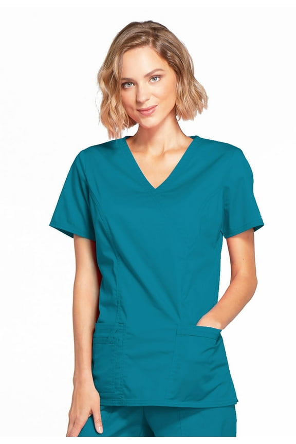 Workwear Core Stretch Scrubs Top for Women Mock Wrap Plus Size 4728, 2XL, Caribbean Blue
