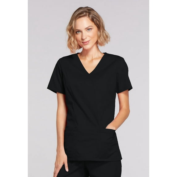 Cherokee Workwear Core Stretch Scrubs Top for Women Mock Wrap Plus Size 4728, 3XL, Black