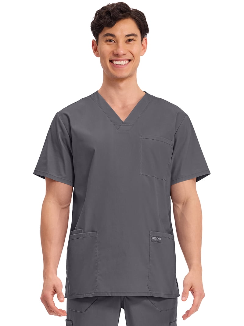 Cherokee Men Scrubs Top, V-Neck, Four Pockets, Pewter, Durable