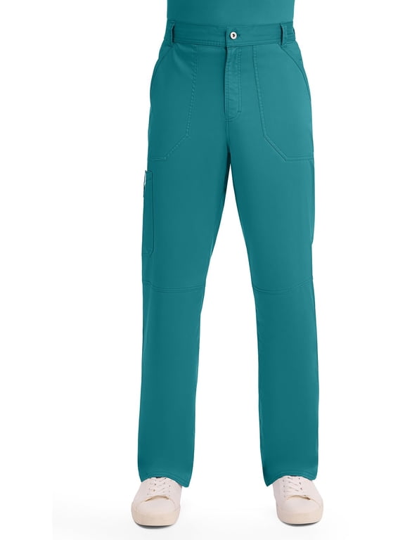Mens Scrub Pants with Cargo Pockets, Two-Way Stretch Modern fit Button Closure with Inside Drawstring Pants - WW140, L Tall, Teal Blue