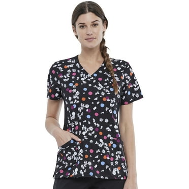 Cherokee iFlex Women Medical Scrubs Top Mock Wrap Knit Panel CK642, S, Polka Dot Petals