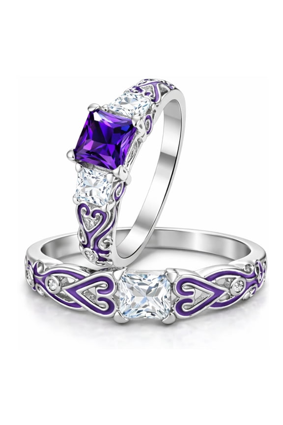 Cherri Purple Wedding Ring Set for Women Cz Princess Engagement Ring Matching Band Ginger Lyne Collection