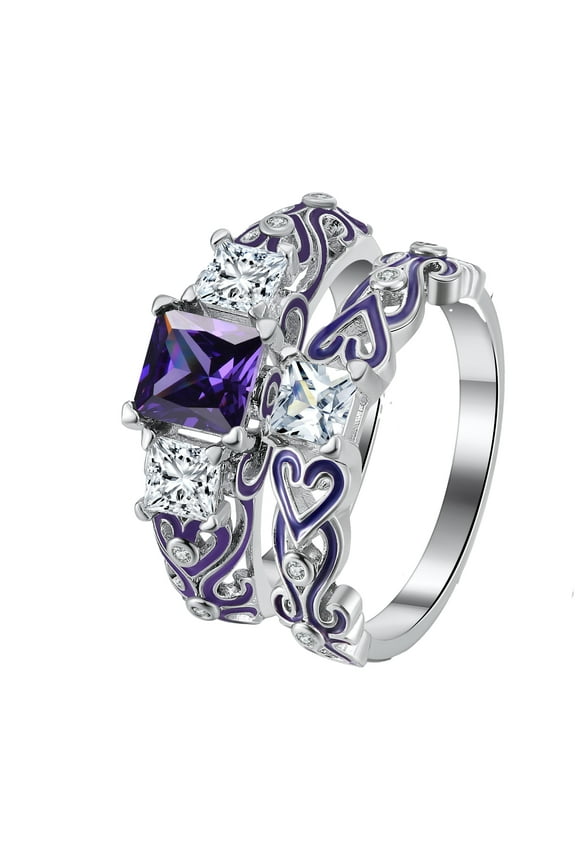 Cherri Purple Wedding Ring Set for Women Cz Princess Engagement Ring Matching Band Ginger Lyne Collection
