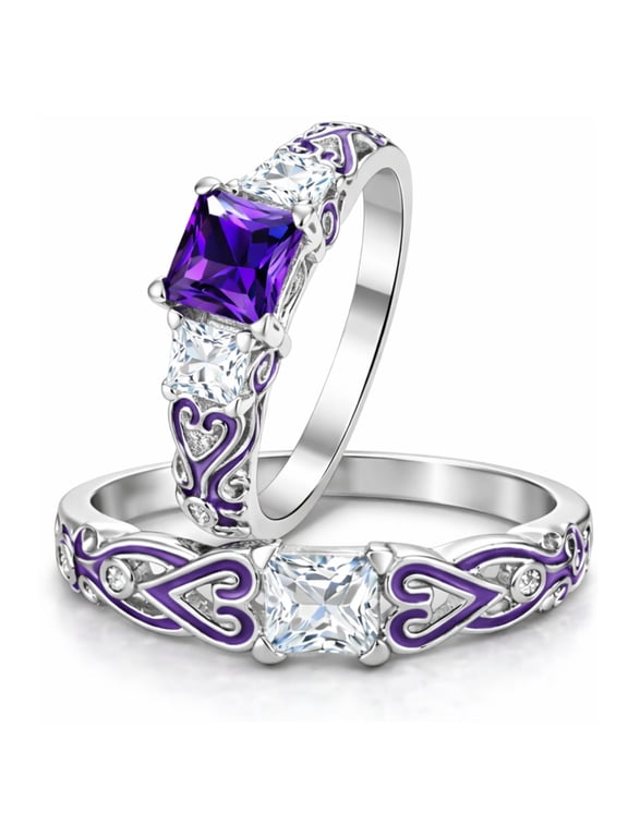 Cherri Purple Wedding Ring Set for Women Cz Princess Engagement Ring Matching Band Ginger Lyne Collection